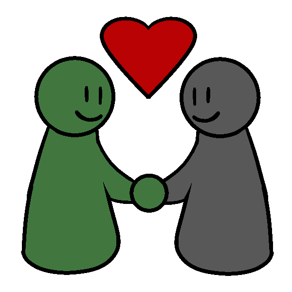 A green figure and a grey figure holding hands and smiling, with connected golden rings between them. 
